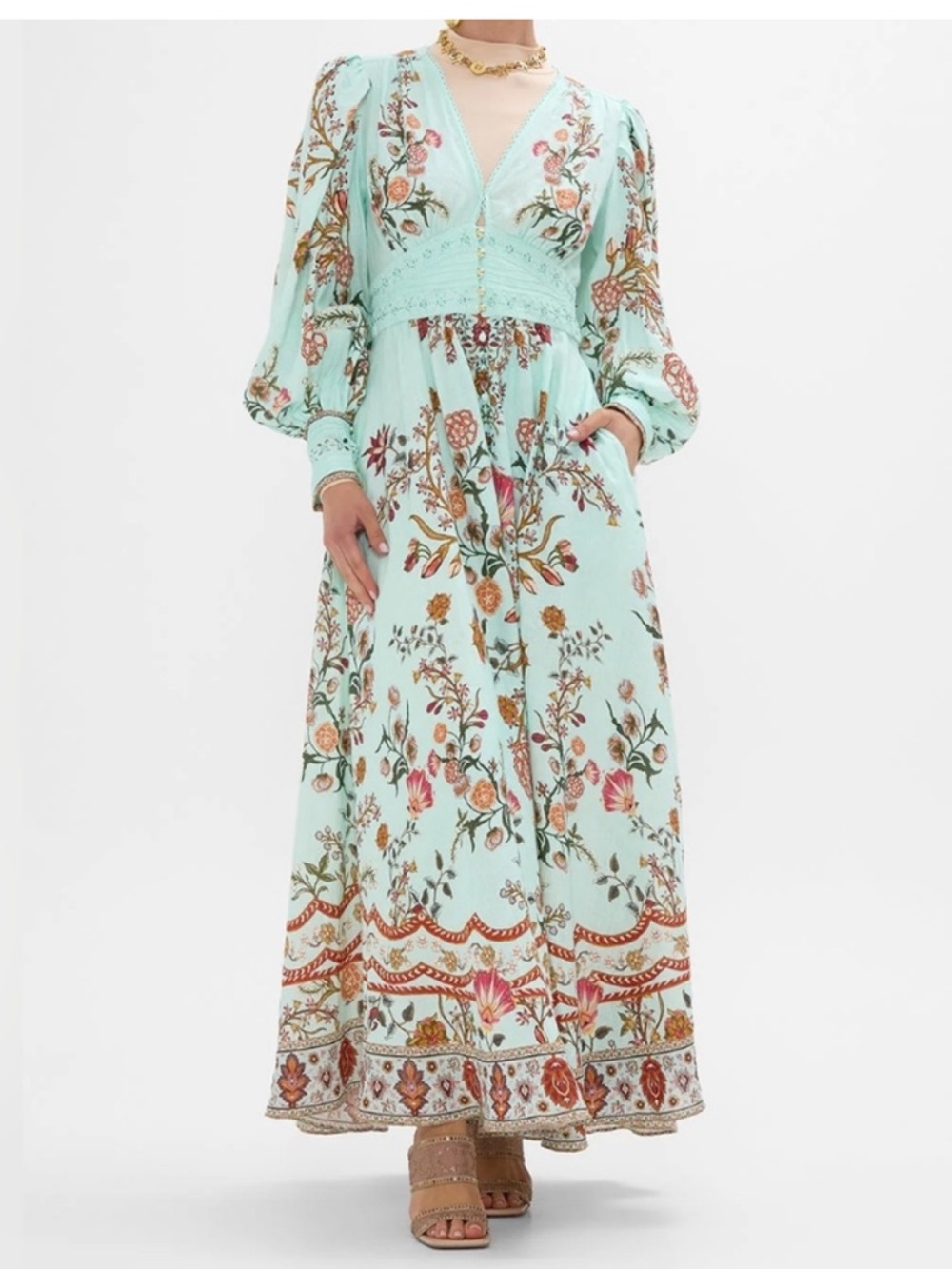 Camilla waistband dress with gathered sleeves and stone accents NWT